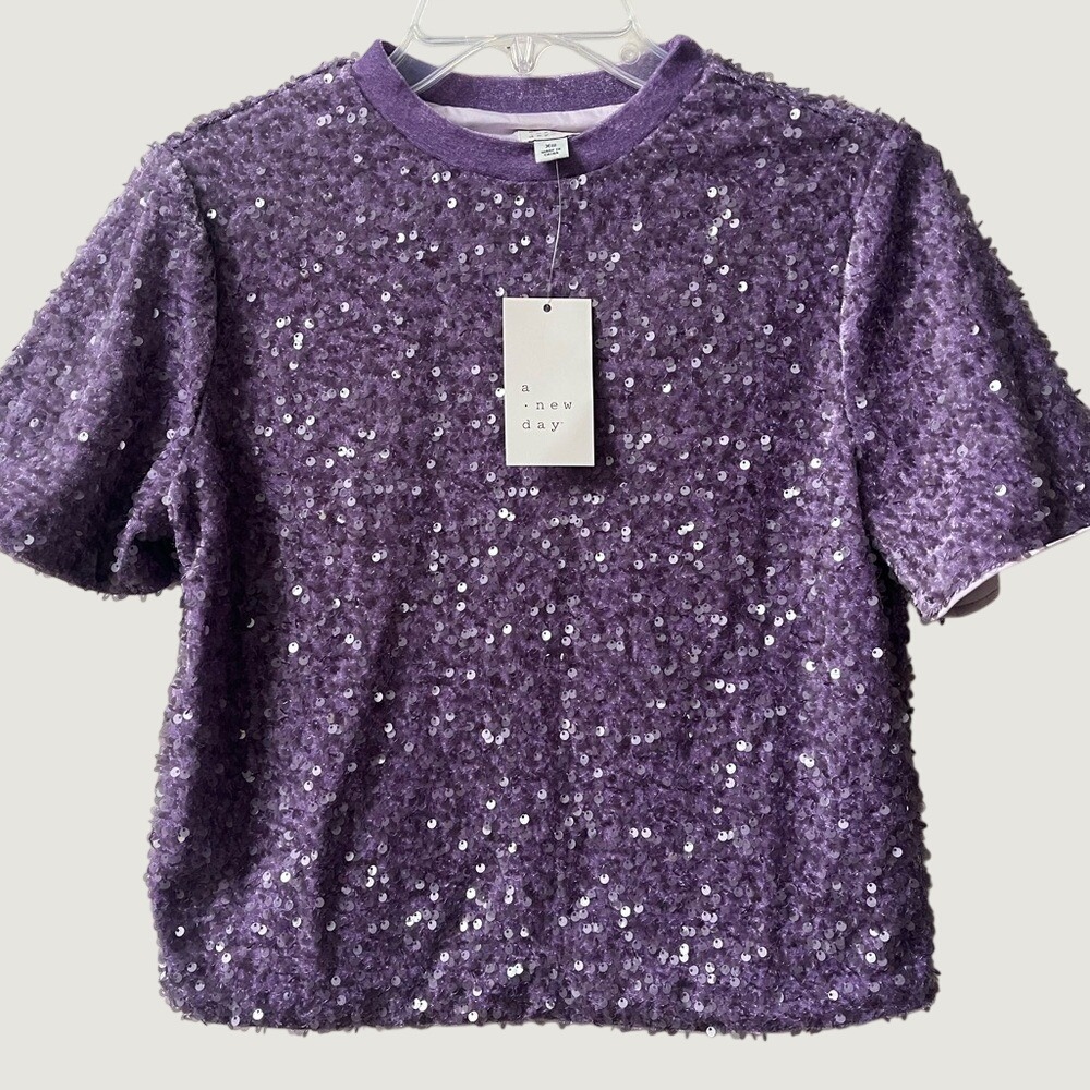A New Day Purple Sequin Top Womens XS Short Sleeve Party Cocktail Holiday NWT
